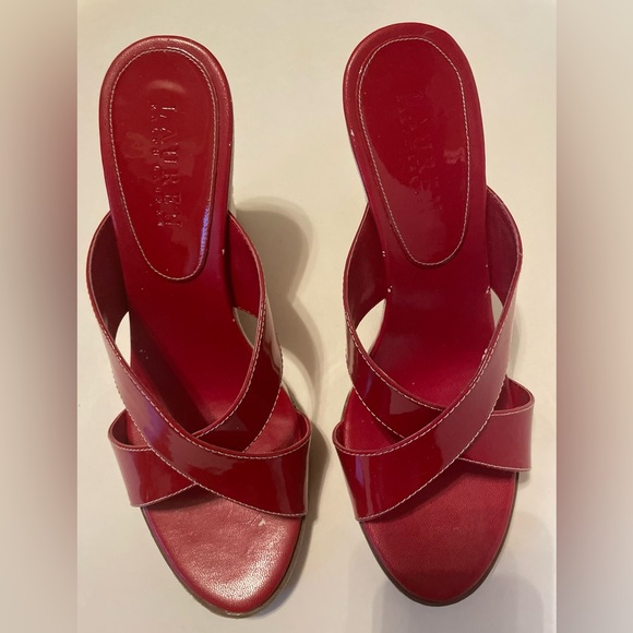 Vintage Ralph Lauren Virginia Monogram Wedge Slip on Opened-toe Red Sz 7 1/2 - Picture 5 of 14